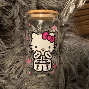 Halloween Hello Kitty glass tumbler cups with bamboo lid +reusable metal straw